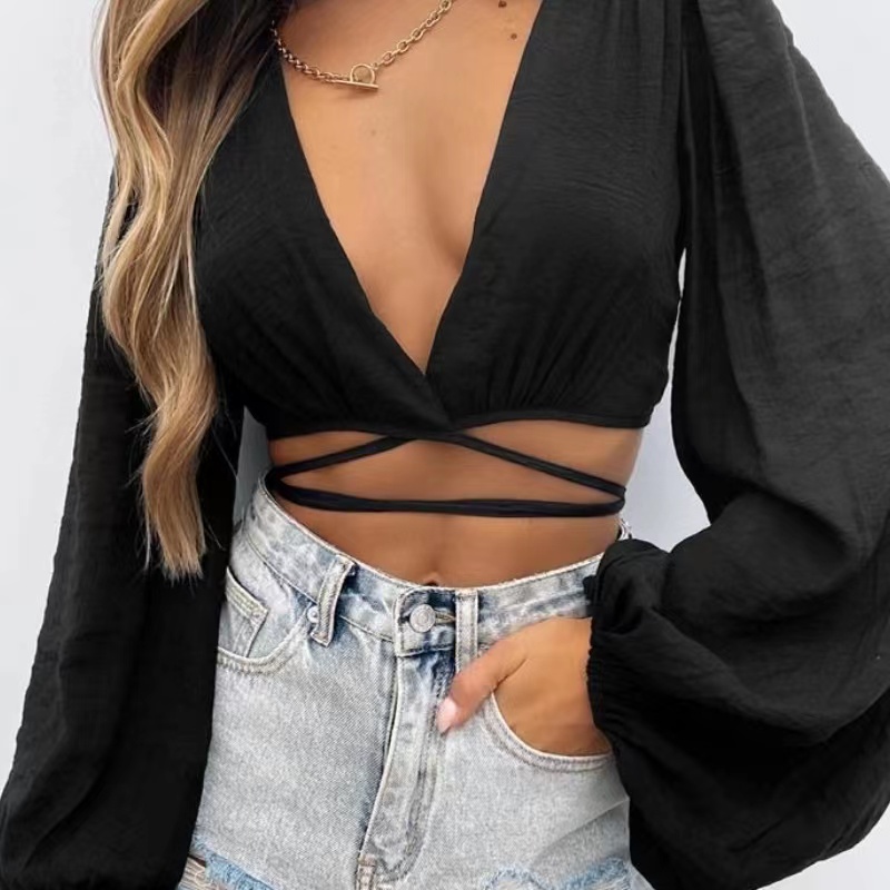 Hot säljande kvinnor Lantern ärm casual lång ärm sexig topp