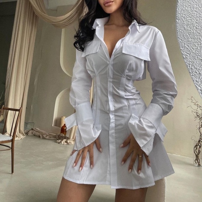 Fransk vit klänning med midja och manschetter och långa flikar för kvinnor 2023 Ny design midja och solid färg långärmad kjol